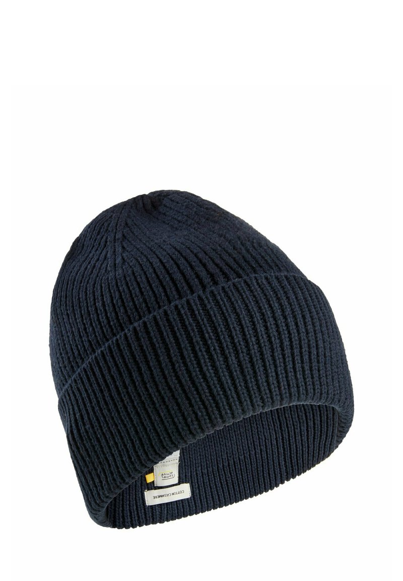 Marine gebreide beanie met ribbelstructuur en omgeslagen rand. Beschikt over een label aan de zijkant met tekst en logo-details.