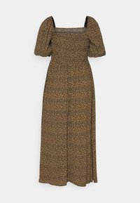 Mustapohjainen ja kultaisen värin kukkakuosisella mekolla, jossa on neliönmallinen pääntie, lyhyet puffihihat ja rypytetty keskiosa; pitkä, liehuva hame.