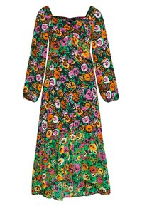 Maxi dress floreale con maniche lunghe, scollatura quadrata e colori vivaci che includono rosa, arancione, verde e nero. Presenta un motivo floreale su tutta la superficie.