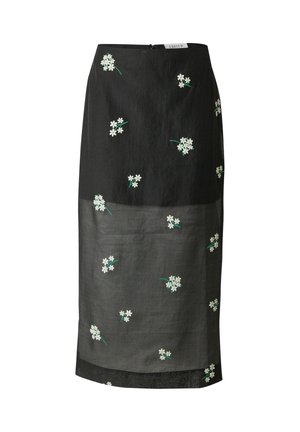 Black linen skirt with a textured finish, featuring white floral embroidery and green accents. Mid-length design with a solid bottom hem.