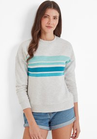 Light gray sweatshirt with a horizontal stripe pattern in turquoise and blue shades, round neckline, and long sleeves. Worn with denim shorts.