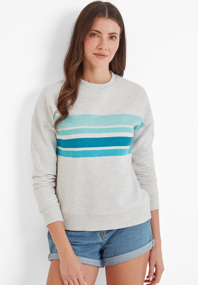 Light gray sweatshirt with a horizontal stripe pattern in turquoise and blue shades, round neckline, and long sleeves. Worn with denim shorts.