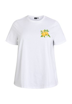 Wit T-shirt met korte mouwen en ronde hals, met een kleine gele citroen en groene bladprint op de bovenste linker voorkant.