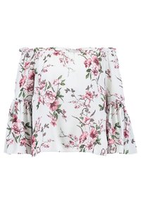 Květinová blůza bez ramínek v bílé barvě s růžovými a zelenými květinovými vzory. Má volánkové rukávy a uvolněný střih.