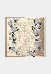 Foulard quadrato in seta con un motivo a strisce di zebra beige e crema, bordato da rose lilla chiaro e foglie verdi.