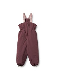 Burgunderfarbene wasserdichte Latzhosen mit verstellbaren pinken Trägern, elastischen Bündchen und einem Reißverschluss hinten. Glatte Textur und einfaches, funktionales Design.