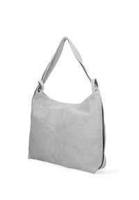 Borsa in suede grigia con una sola tracolla, forma rettangolare, texture liscia e design minimalista. Nessuna ferramenta o pattern visibili.