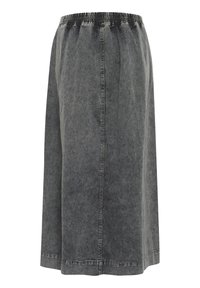 Grauer Denim-Maxirock mit elastischem Bund, der eine lockere Passform, gerade Silhouette und sichtbare Nähte aufweist.