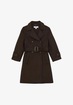 Palton din amestec de lână, de culoare maronie, cu un design cu două rânduri de nasturi, revere late, talie cu curea și buzunare laterale. Include manșete cu nasturi.