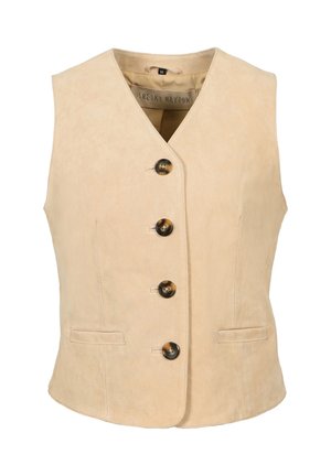 Beige Wildlederweste ohne Ärmel mit V-Ausschnitt, vier Schildpattknöpfen vorne und zwei vorderen Paspeltaschen, Größe M.