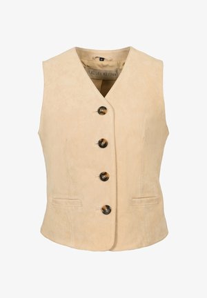 Beige suède mouwloos vest met V-hals, vier schildpadknopen aan de voorkant en twee voorste paspelzakken, maat medium.