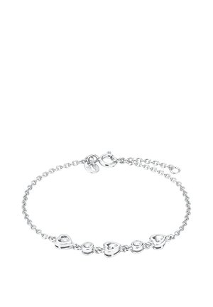 Silver chain bracelet featuring five heart-shaped charms, each with a small gemstone accent, and a secure lobster clasp closure.