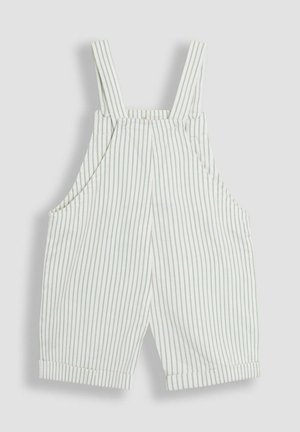 Salopete scurte cu dungi în verde deschis și alb, realizate dintr-un material moale, având bretele ajustabile și două buzunare laterale.