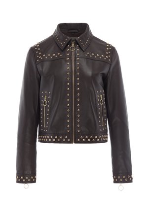 Schwarze Lederjacke mit goldenen Nieten am Kragen, an den Schultern, Taschen, Manschetten und Saum, mit einem Frontreißverschluss und seitlichen Reißverschlusstaschen.