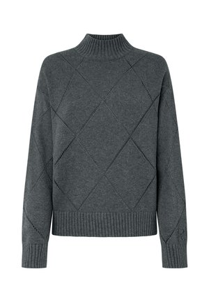 Maglione grigio lavorato a maglia con colletto alto, caratterizzato da un motivo a rombi e polsini e orlo a coste. Realizzato in materiale morbido e strutturato.