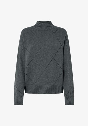 Maglione grigio lavorato a maglia con colletto alto, caratterizzato da un motivo a rombi e polsini e orlo a coste. Realizzato in materiale morbido e strutturato.