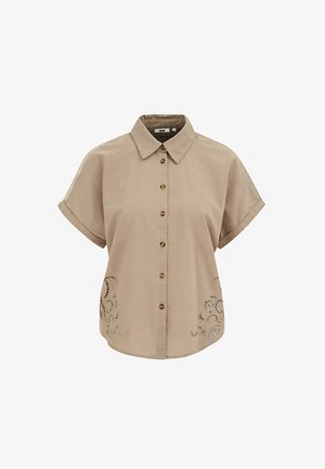 Beige overhemd met korte mouwen, knoopsluiting, omgeslagen manchetten, puntige kraag en uitgesneden geborduurde bloemmotieven bij de zoom aan beide zijden.