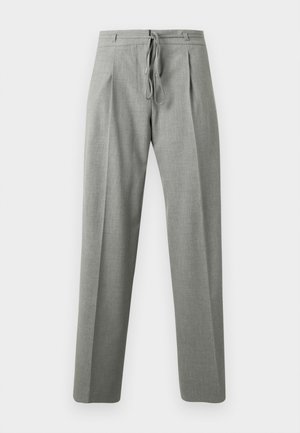 Gray, tailored trousers with a drawstring waist, featuring two front pleats, straight legs, and a smooth, textured fabric.