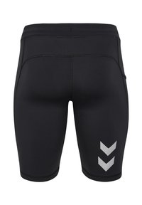 Svarta träningsshorts med en åtsittande design, prydda med silverfärgade chevrondetaljer på vänster ben och platta sömmar för ökad komfort.