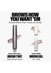 Two Milk Makeup brow products with brush strokes behind: Kush High Roll Brow Tint and Kush Fiber Brow Gel for defined or fluffy brows.