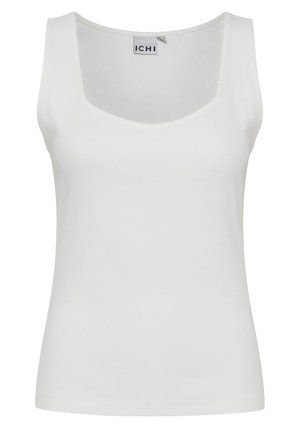 Weißes ärmelloses Tanktop mit weitem Rundhalsausschnitt, aus geripptem Baumwollstoff gefertigt. Glatte Textur und figurnahes Design mit minimalem Nähen.