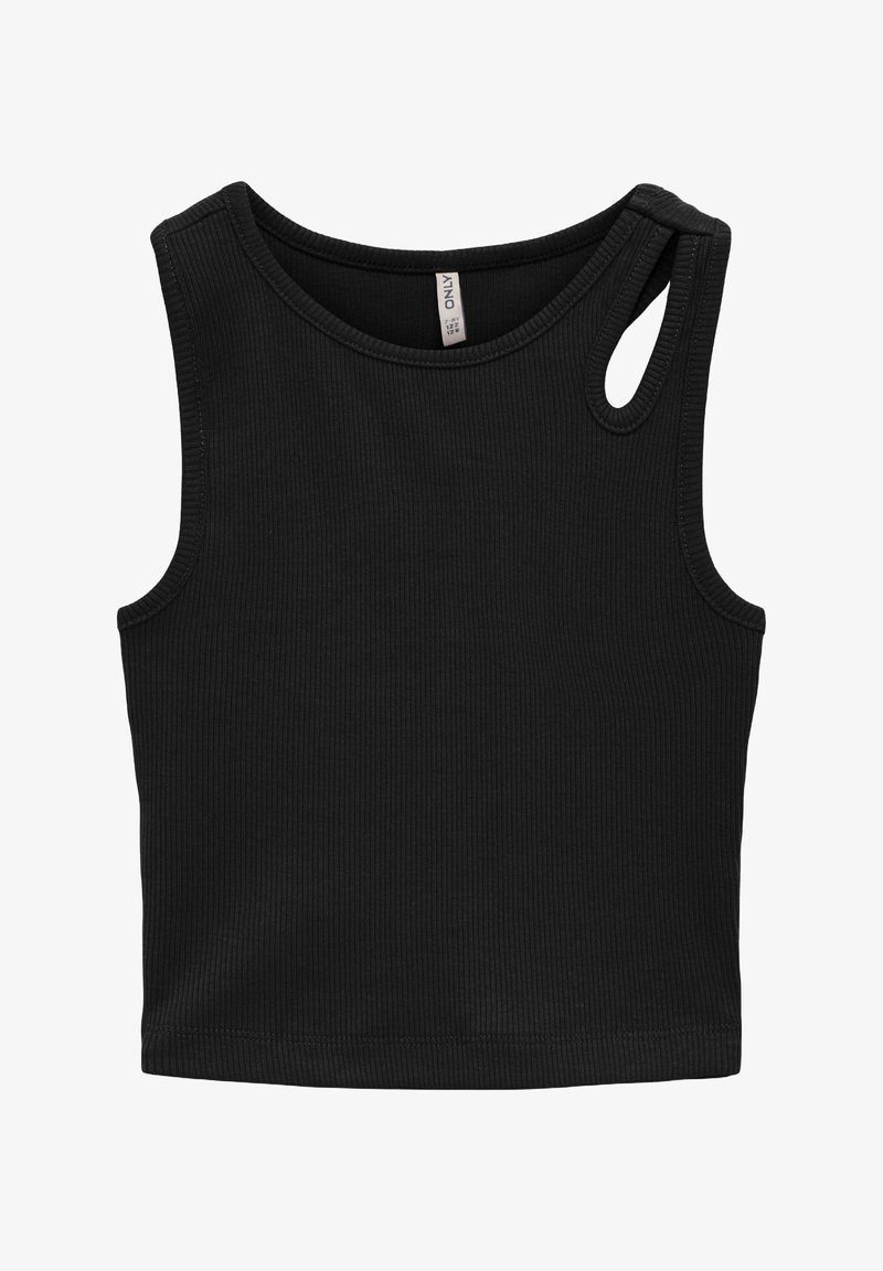Débardeur noir à côtes avec un col rond et un détail de découpe sur le côté. Il présente une coupe ajustée et une texture lisse et extensible.