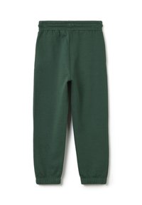 Grüne Baumwoll-Sweatpants mit elastischem Bund, schmal zulaufenden Bündchen und glatter Textur. Keine sichtbaren Muster oder zusätzlichen Details.