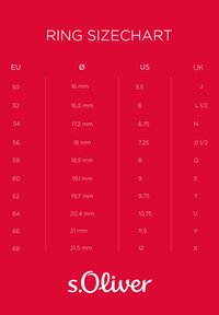 Rode achtergrond met witte tekst die een ringmaatkaart weergeeft. Maten weergegeven in EU, diameter in mm, en US en UK formaten van 50 tot 68.