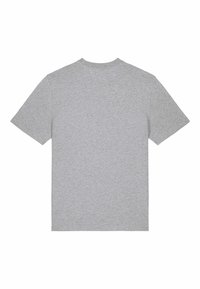 T-shirt en coton gris avec un col rond, des manches courtes et une texture lisse. L'arrière est uni sans motifs ni logos supplémentaires.