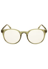 Runda solglasögon med genomskinliga gröna plastbågar och klara linser. Dekorerade med diskreta metallgångjärn, de har böjda skalmar.