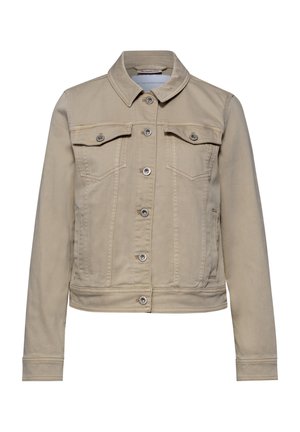 Beige denimjakke med knaplukning foran, to brystlommer med klapper, lange ærmer og en klassisk krave.