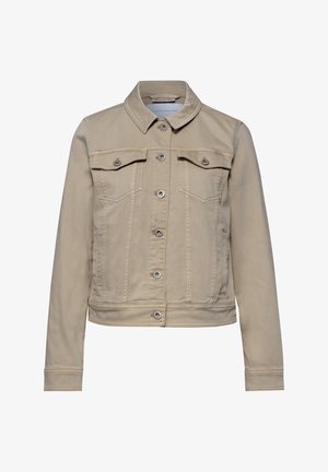 Veste en jean beige avec fermeture boutonnée à l'avant, deux poches poitrine avec rabats, manches longues et col classique.