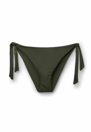 Olivgrüne Bikinihöschen mit seitlichen Bändern auf weißem Hintergrund, schlichtes Design mit moderater Bedeckung.