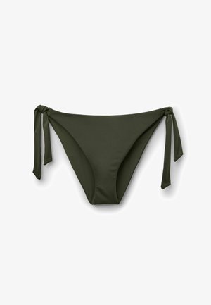 Olivgrüne Bikinihöschen mit seitlichen Bändern auf weißem Hintergrund, schlichtes Design mit moderater Bedeckung.