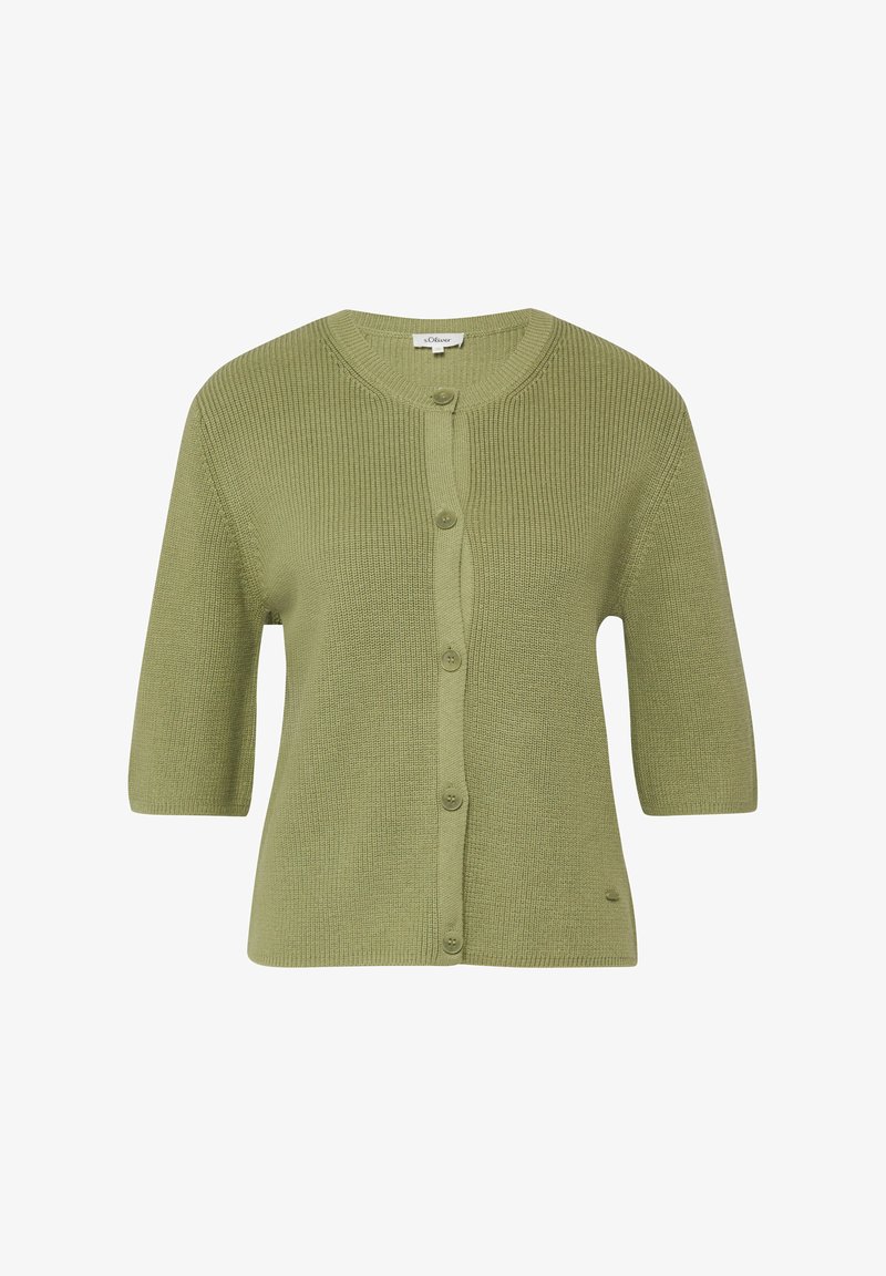 Hellgrüner, kurzärmeliger, gestrickter Cardigan mit rundem Ausschnitt und Knöpfen vorne, mit einem kleinen Markenetikett nahe dem Saum.