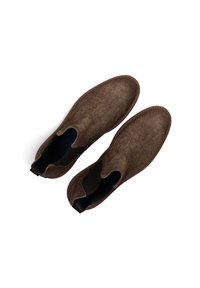 Bruine enkelboots van textuurmateriaal met elastische zijkanten en gestikte randen. Beschikt over een glad interieur en een rond toegestane ontwerp.