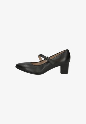 Zwarte leren Mary Jane-schoen met een spitse neus, enkelband en blokhak. Gladde textuur, minimalistisch ontwerp en uniforme kleur.