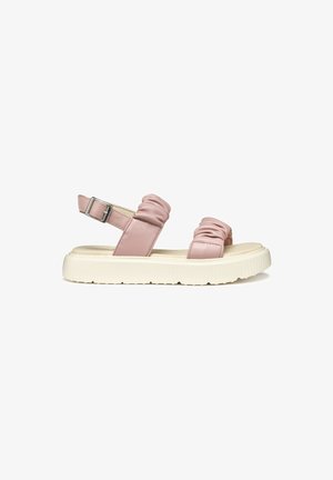 Pale pink sandal with ruched synthetic straps, adjustable buckle, and a textured white platform sole.