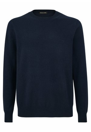 Granatowy sweter z okrągłym dekoltem, z długimi rękawami, wykonany z miękkiego materiału, z prążkowanym kołnierzem i mankietami zapewniającymi dopasowane wykończenie. Minimalistyczny design.