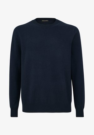 Granatowy sweter z okrągłym dekoltem, z długimi rękawami, wykonany z miękkiego materiału, z prążkowanym kołnierzem i mankietami zapewniającymi dopasowane wykończenie. Minimalistyczny design.