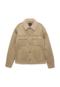 Beige shearling kravejakke med fire forlommer, knaplukning, blød tekstur og let tætsiddende ærmer.