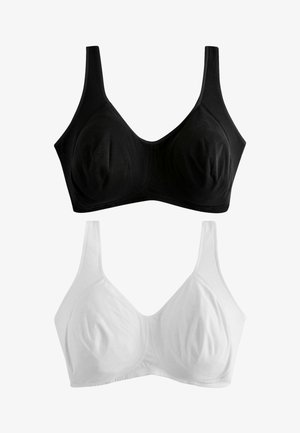 Schwarz-weiße kabellose Soft-Cup-BHs mit breiten Trägern, für Komfort und Halt konzipiert, flach auf weißem Hintergrund dargestellt.