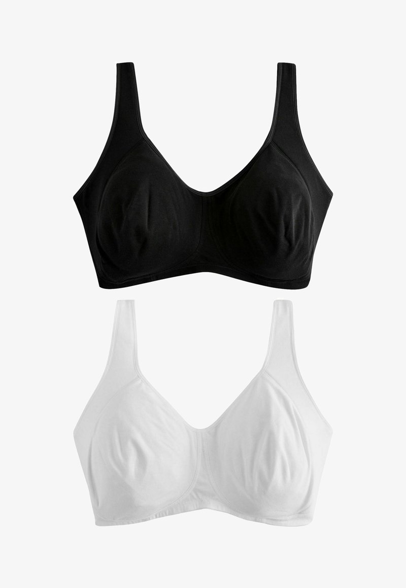 Schwarz-weiße kabellose Soft-Cup-BHs mit breiten Trägern, für Komfort und Halt konzipiert, flach auf weißem Hintergrund dargestellt.