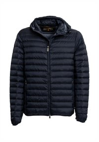 Giacca puffer blu navy con zip frontale, cappuccio e design trapuntato. Presenta due tasche laterali, realizzata in un tessuto liscio e lucido.