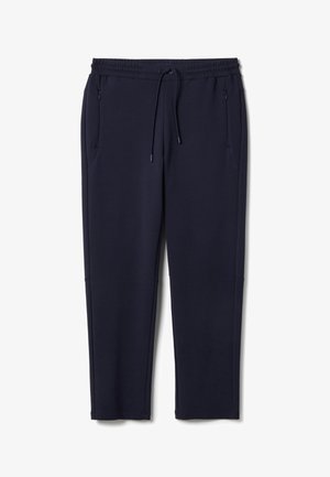 Donkerblauwe casual broek met elastische tailleband, verstelbare trekkoord, zijzakken met rits en een rechte pijp.