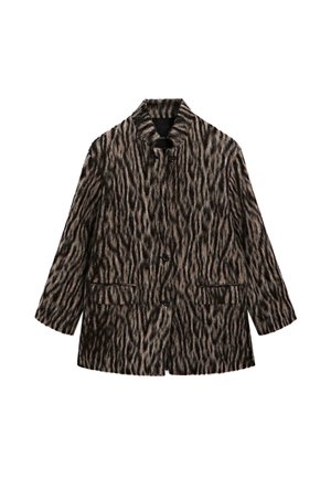 Cappotto con stampa leopardata, colletto alto, due tasche frontali e chiusura con bottoni. Texture morbida e vestibilità rilassata. Schema di colori marrone e nero.
