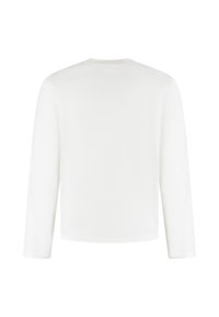 Weißes Langarmoberteil mit Rundhalsausschnitt und glattem, elastischem Stoff für Komfort. Der Rücken ist schlicht und hat keine zusätzlichen Details.
