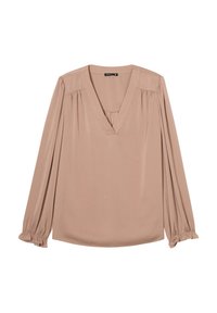 Blusa a maniche lunghe, con scollatura a V in morbido tessuto beige. Presenta maniche gatherate con polsini elasticizzati e una vestibilità rilassata per il massimo comfort.