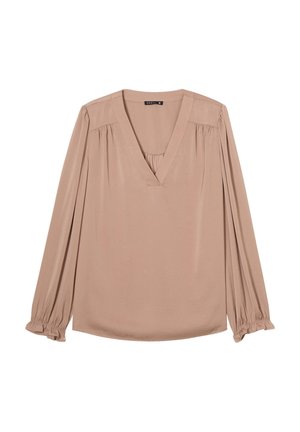 Langärmlige Bluse mit V-Ausschnitt aus weichem beige Stoff. Sie hat geraffte Ärmel mit elastischen Bündchen und eine lockere Passform für den Komfort.