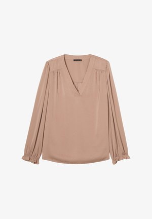 Langärmlige Bluse mit V-Ausschnitt aus weichem beige Stoff. Sie hat geraffte Ärmel mit elastischen Bündchen und eine lockere Passform für den Komfort.
